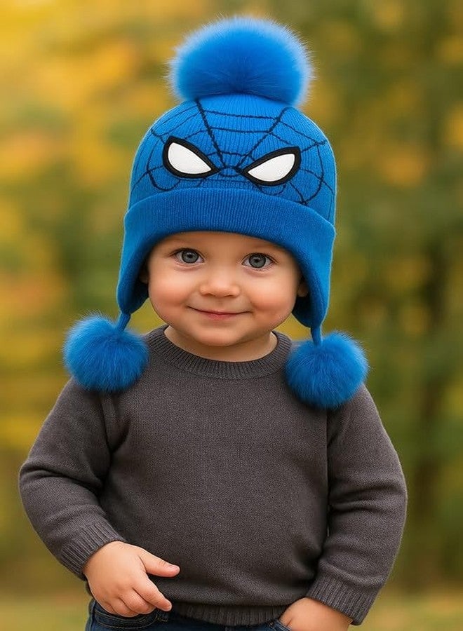 Krystle Woolen Cartoon Cap for Kids | Pom Pom Beanie Winter Hat Boys Girls (Blue,2-4 Years) - Image 3