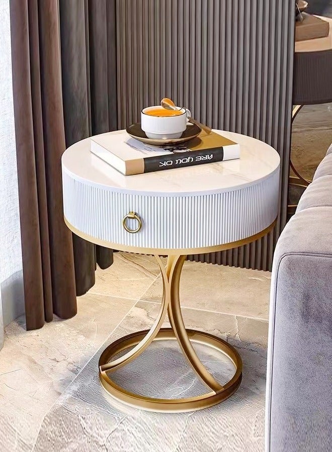 سي آند سي هوم طاولة جانبية حديثة متعددة الأغراض بتصميم فريد طاولة سرير قوية بقاعدة حديدية مع تخزين درج خشبي لامعة روك لوحة أعلى طاولة قهوة مستديرة لغرفة المعيشة غرفة نوم 50x58 سم (مجمعة بالكامل) - Image 1