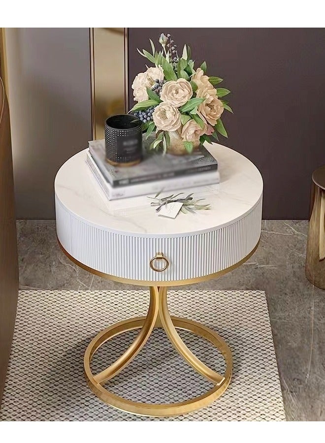 سي آند سي هوم طاولة جانبية حديثة متعددة الأغراض بتصميم فريد طاولة سرير قوية بقاعدة حديدية مع تخزين درج خشبي لامعة روك لوحة أعلى طاولة قهوة مستديرة لغرفة المعيشة غرفة نوم 50x58 سم (مجمعة بالكامل) - Image 4