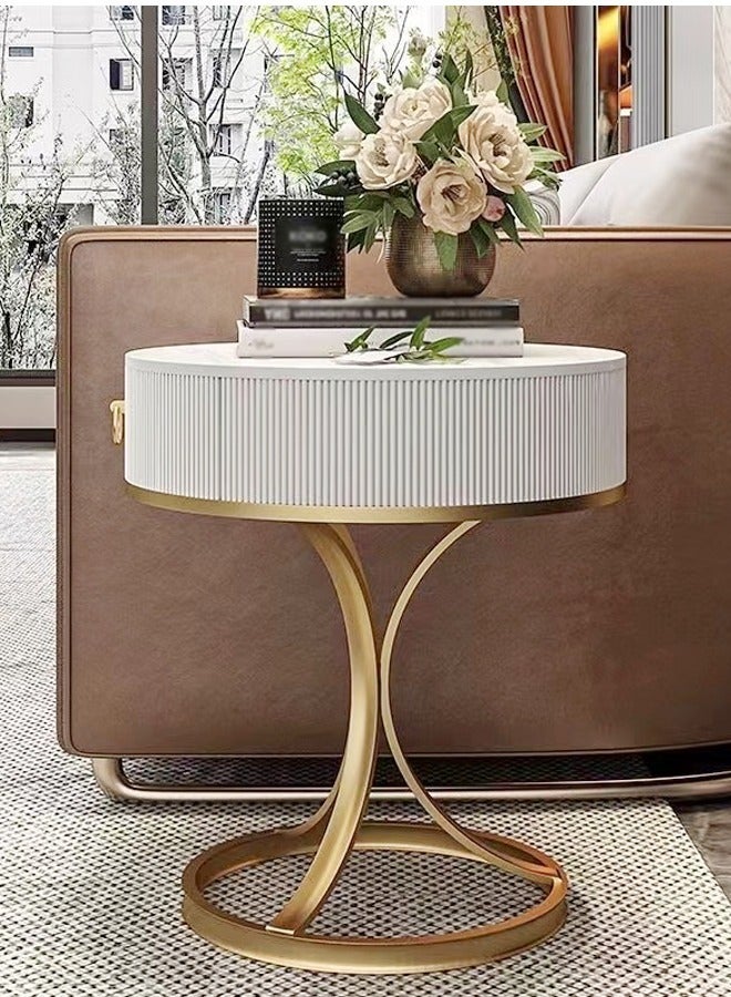 سي آند سي هوم طاولة جانبية حديثة متعددة الأغراض بتصميم فريد طاولة سرير قوية بقاعدة حديدية مع تخزين درج خشبي لامعة روك لوحة أعلى طاولة قهوة مستديرة لغرفة المعيشة غرفة نوم 50x58 سم (مجمعة بالكامل) - Image 3