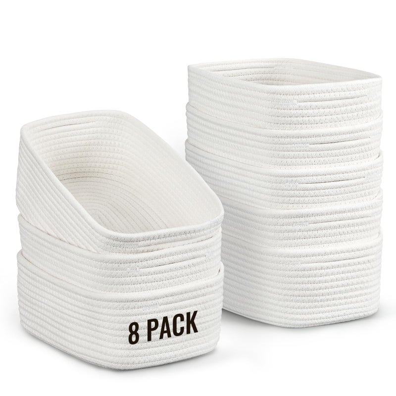 Snuvid 8 Pack Small Storage Baskets for Organizing, Woven Rope Bins for Bathroom, Closet, Shelf Organizer, Cute Cube Decorative Box for Towels, Baby Nursery, Toys, Gift Empty Baskets - 11.5"x7.5"x4.7"-White - Image 1