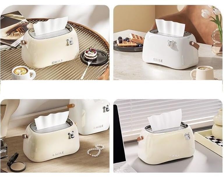 Hidak صندوق حامل المناديل هيداك بابتسامة مع مقبض دائري حديث من البلاستيك قابل للتصرف مع مقابض جلدية لأسطح الحمام وخزائن الملابس والطاولات الجانبية والمكاتب والطاولات (أبيض) - Image 3