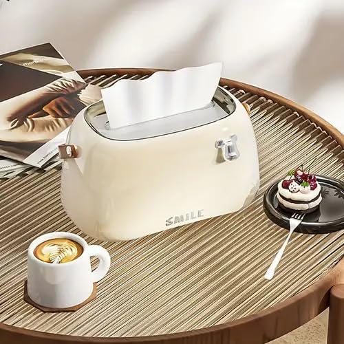 Hidak صندوق حامل المناديل هيداك بابتسامة مع مقبض دائري حديث من البلاستيك قابل للتصرف مع مقابض جلدية لأسطح الحمام وخزائن الملابس والطاولات الجانبية والمكاتب والطاولات (أبيض) - Image 5