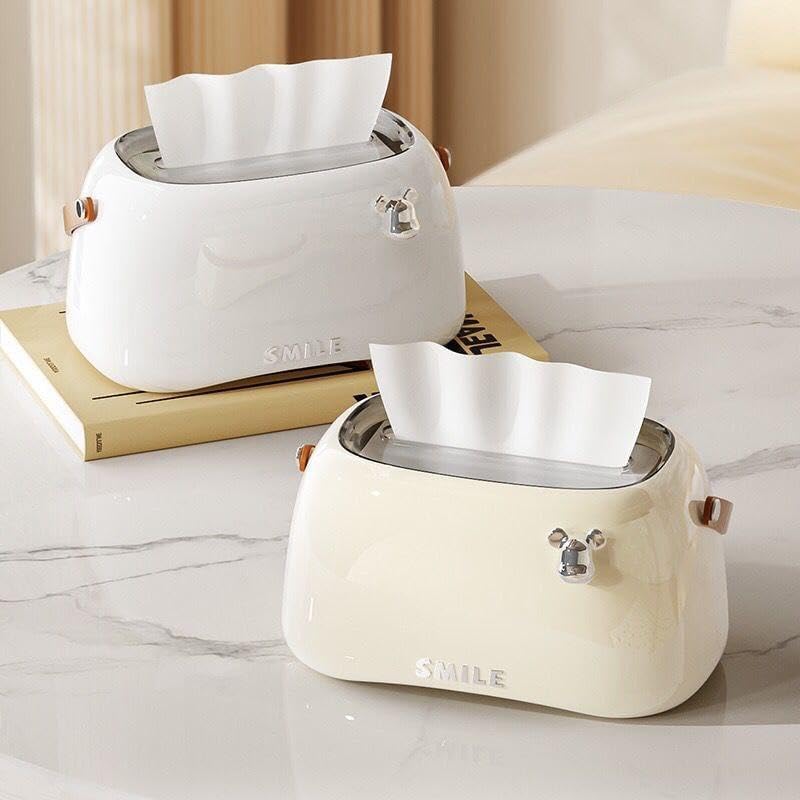 Hidak صندوق حامل المناديل هيداك بابتسامة مع مقبض دائري حديث من البلاستيك قابل للتصرف مع مقابض جلدية لأسطح الحمام وخزائن الملابس والطاولات الجانبية والمكاتب والطاولات (أبيض) - Image 2