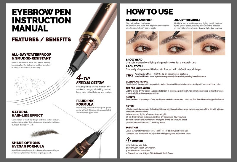ESpoce 2 Pack 4-Tip Microblading Eyebrow Pen with 2 Brow Brushes, Waterproof Vegan Formula Eyebrow Pencils for Women to Effortlessly Create Natural Hair-Like Strokes, All-Day Wear, Medium Brown - Image 2