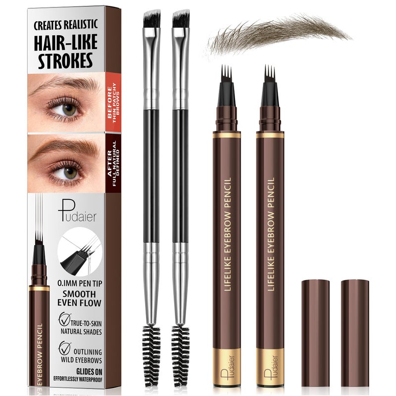 ESpoce 2 Pack 4-Tip Microblading Eyebrow Pen with 2 Brow Brushes, Waterproof Vegan Formula Eyebrow Pencils for Women to Effortlessly Create Natural Hair-Like Strokes, All-Day Wear, Medium Brown - Image 1
