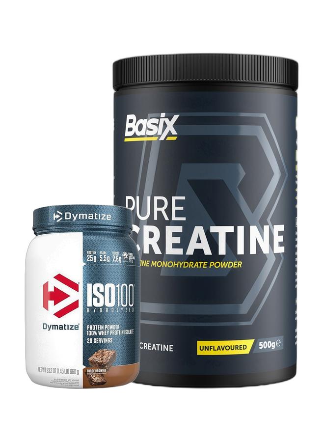 Dymatize عرض بوندي الحصري - إيزو 100 20 حصة فادج براوني 1.45 رطل و باسيكس كرياتين نقي بدون نكهة 500 جرام - Image 1