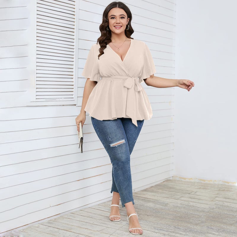 SCOMCHIC Women's Plus Size Short Sleeve V Neck Wrap Belted Ruffle Peplum Blouse Tops Nude - Image 5