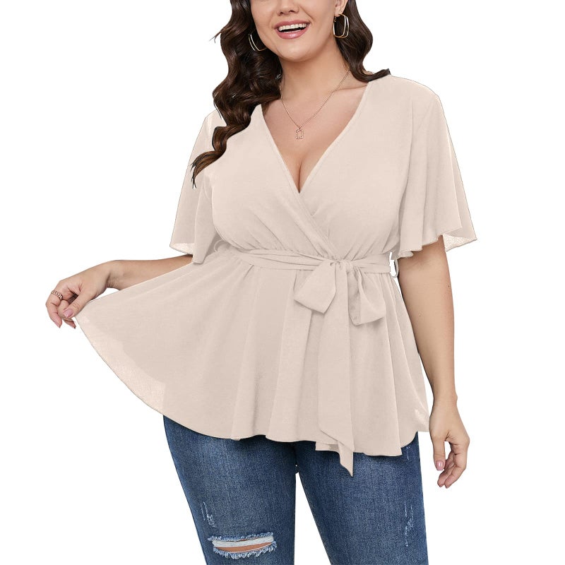 SCOMCHIC Women's Plus Size Short Sleeve V Neck Wrap Belted Ruffle Peplum Blouse Tops Nude - Image 1
