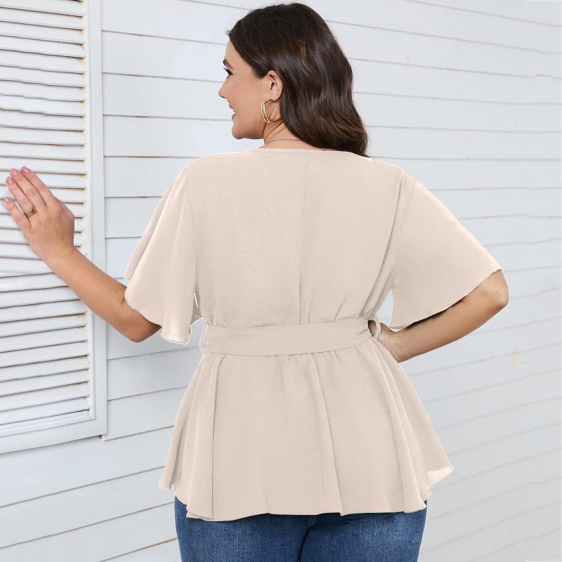 SCOMCHIC Women's Plus Size Short Sleeve V Neck Wrap Belted Ruffle Peplum Blouse Tops Nude - Image 4