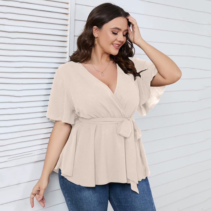 SCOMCHIC Women's Plus Size Short Sleeve V Neck Wrap Belted Ruffle Peplum Blouse Tops Nude - Image 3