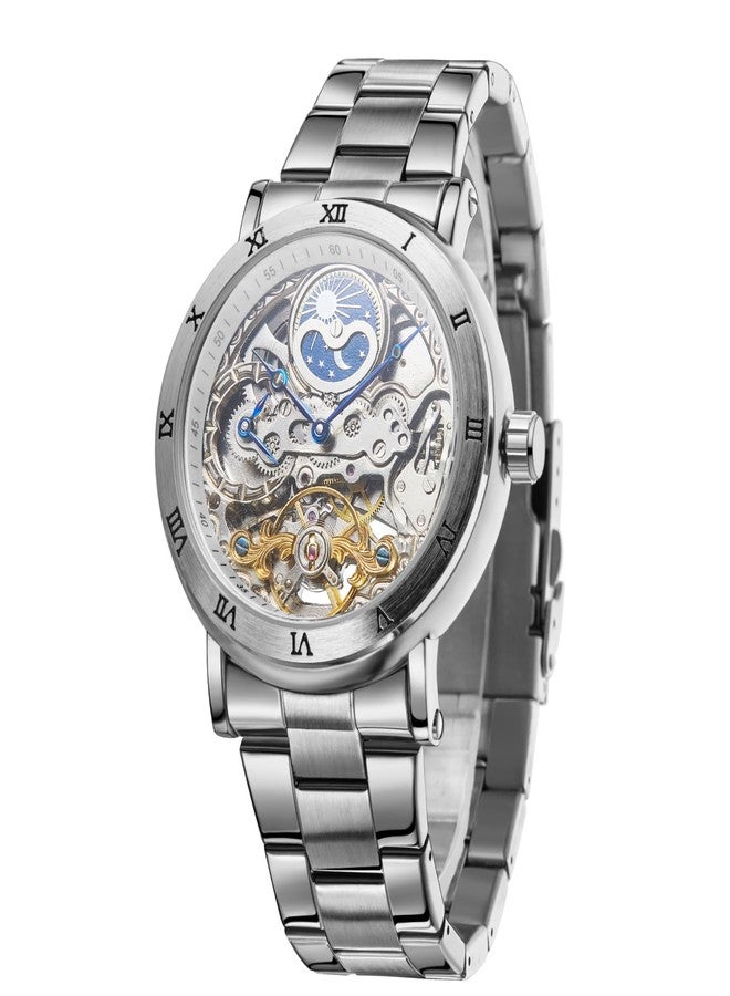 FORSINING Men's Self Winding Automatic Tourbillion Original Calendar Stainless Steel Wrist Watch, Blue and Silver, Self Winding Automatic - Image 1