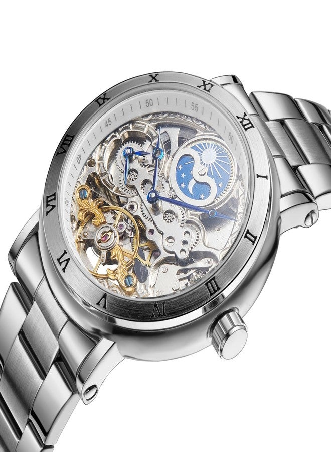 FORSINING Men's Self Winding Automatic Tourbillion Original Calendar Stainless Steel Wrist Watch, Blue and Silver, Self Winding Automatic - Image 2