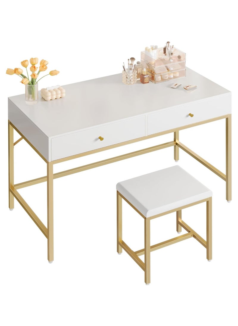 100*48*80cm White and Gold Desk with 2 Drawers and Padded Stool, Modern Makeup Vanity Desk, Computer Desk with Storage, Home Office Desk Study Desk for Writing, Bedroom, living room - pzsku/Z94C90F9C1D7DDCDCA3CAZ/45/_/1734335163/bbf393f9-e0c1-48b1-84e4-33aacd91a451