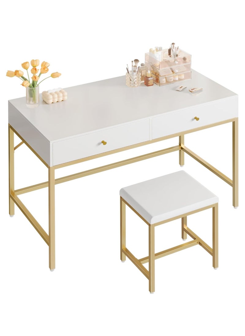 Chulovs - 100*48*80cm White and Gold Desk with 2 Drawers and Padded Stool, Modern Makeup Vanity Desk, Computer Desk with Storage, Home Office Desk Study Desk for Writing, Bedroom, living room - Image 1