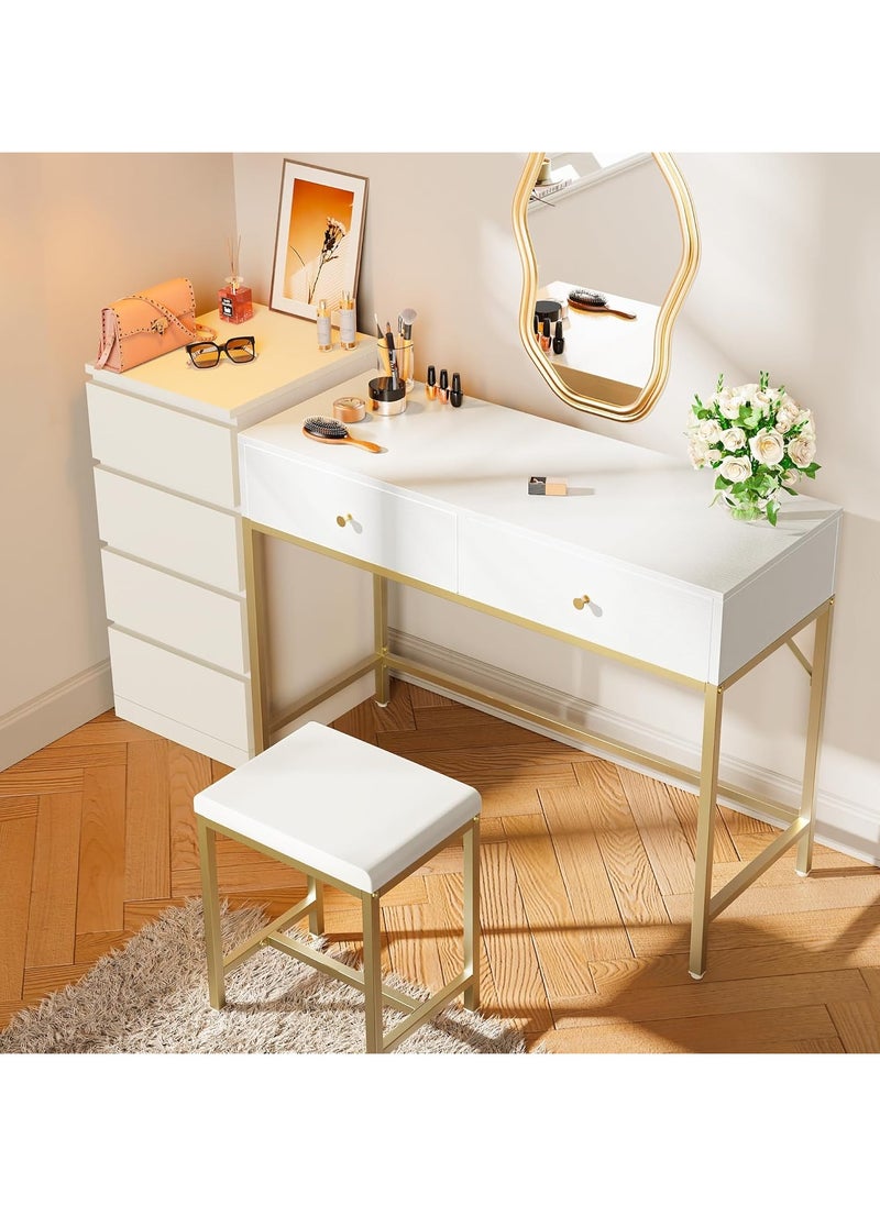 Chulovs - 100*48*80cm White and Gold Desk with 2 Drawers and Padded Stool, Modern Makeup Vanity Desk, Computer Desk with Storage, Home Office Desk Study Desk for Writing, Bedroom, living room - Image 1