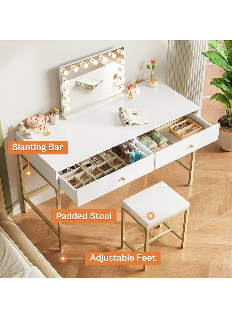 Chulovs - 100*48*80cm White and Gold Desk with 2 Drawers and Padded Stool, Modern Makeup Vanity Desk, Computer Desk with Storage, Home Office Desk Study Desk for Writing, Bedroom, living room - Image 1