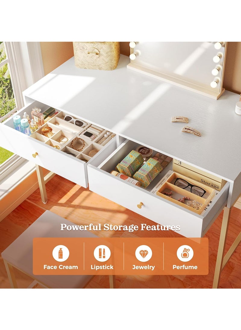 Chulovs - 100*48*80cm White and Gold Desk with 2 Drawers and Padded Stool, Modern Makeup Vanity Desk, Computer Desk with Storage, Home Office Desk Study Desk for Writing, Bedroom, living room - Image 1