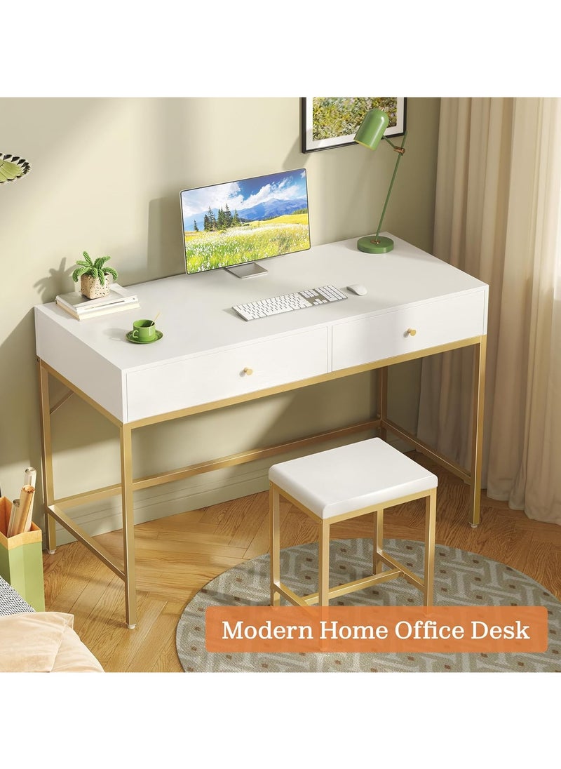 Chulovs - 100*48*80cm White and Gold Desk with 2 Drawers and Padded Stool, Modern Makeup Vanity Desk, Computer Desk with Storage, Home Office Desk Study Desk for Writing, Bedroom, living room - Image 1