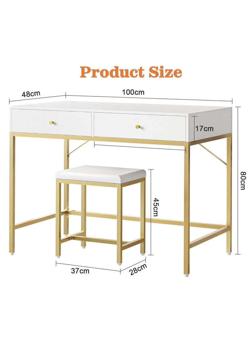 100*48*80cm White and Gold Desk with 2 Drawers and Padded Stool, Modern Makeup Vanity Desk, Computer Desk with Storage, Home Office Desk Study Desk for Writing, Bedroom, living room - pzsku/Z94C90F9C1D7DDCDCA3CAZ/45/_/1734422431/d60996ee-b3e5-4e07-9fb7-d75932019c00