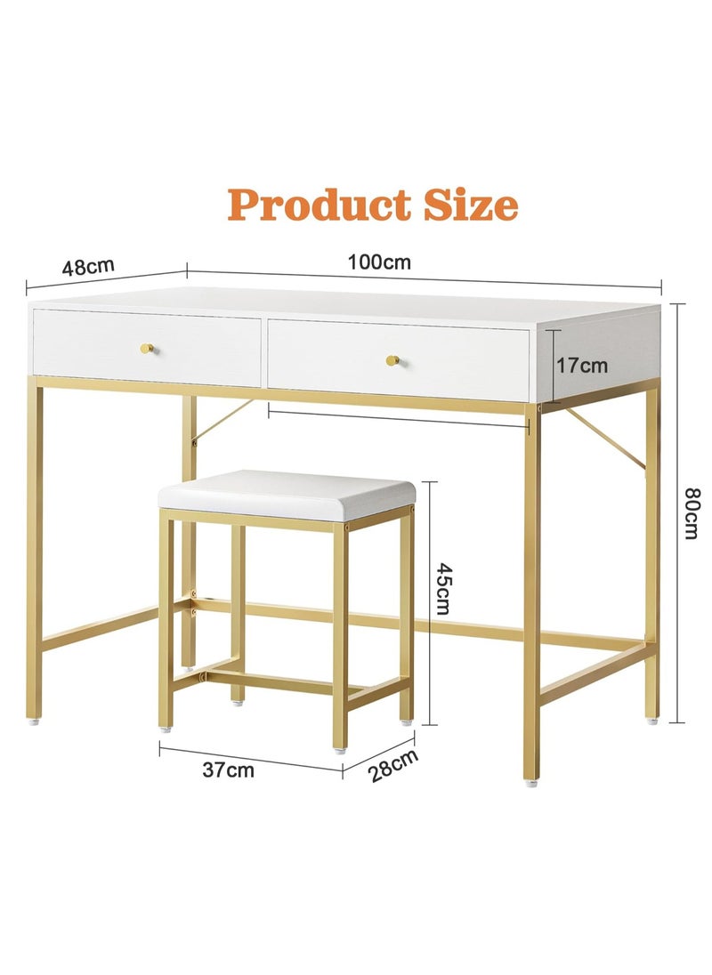 Chulovs - 100*48*80cm White and Gold Desk with 2 Drawers and Padded Stool, Modern Makeup Vanity Desk, Computer Desk with Storage, Home Office Desk Study Desk for Writing, Bedroom, living room - Image 1