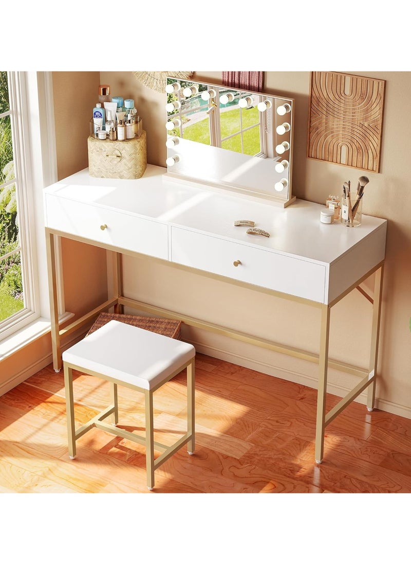 Chulovs - 100*48*80cm White and Gold Desk with 2 Drawers and Padded Stool, Modern Makeup Vanity Desk, Computer Desk with Storage, Home Office Desk Study Desk for Writing, Bedroom, living room - Image 1