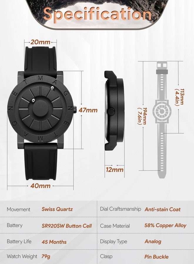 EUTOUR Uhren Herrenuhr Magnet Uhr kein Glas Kugellager Quarz Armbanduhr für Männer 40mm, Black Rubber Strap, FASHION WATCHES - Image 3