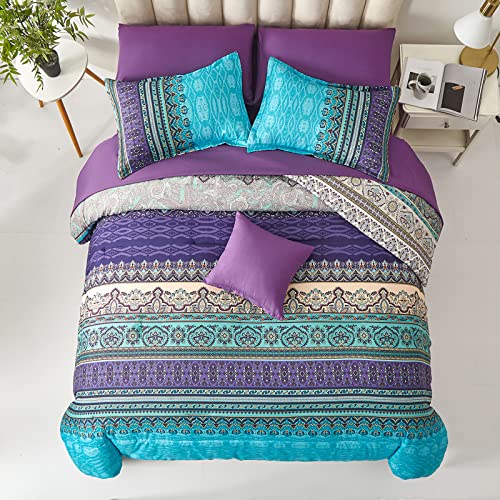 Cottolester Boho Comforter Set Queen Size 8 Piece Bed in a Bag Bohemian Striped Bedding Quilt Set Aqua Paisley Floral Comforter and Sheet Set,Soft Microfiber Complete Bedding Sets for All Season - Image 4