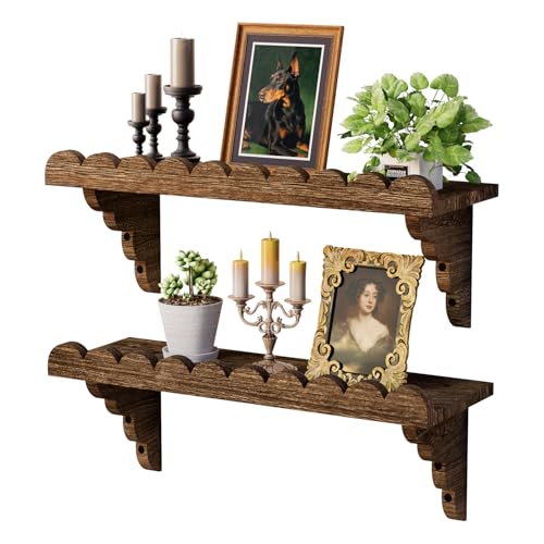 QsQueen Scalloped Wood Wall Shelf 17 Inch Floating Shelf with Wood Brackets Easy to Install Rustic Wall Shelf for Living Room Bedroom Bathroom or Any Space - Image 1