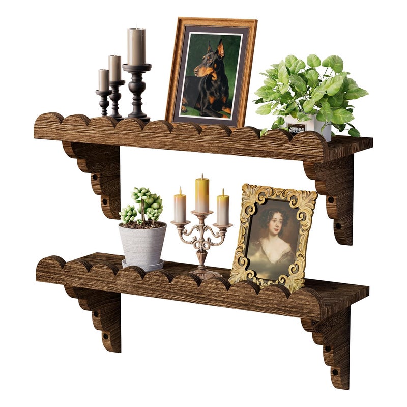 QsQueen Scalloped Wood Wall Shelf 17 Inch Floating Shelf with Wood Brackets Easy to Install Rustic Wall Shelf for Living Room Bedroom Bathroom or Any Space - Image 2
