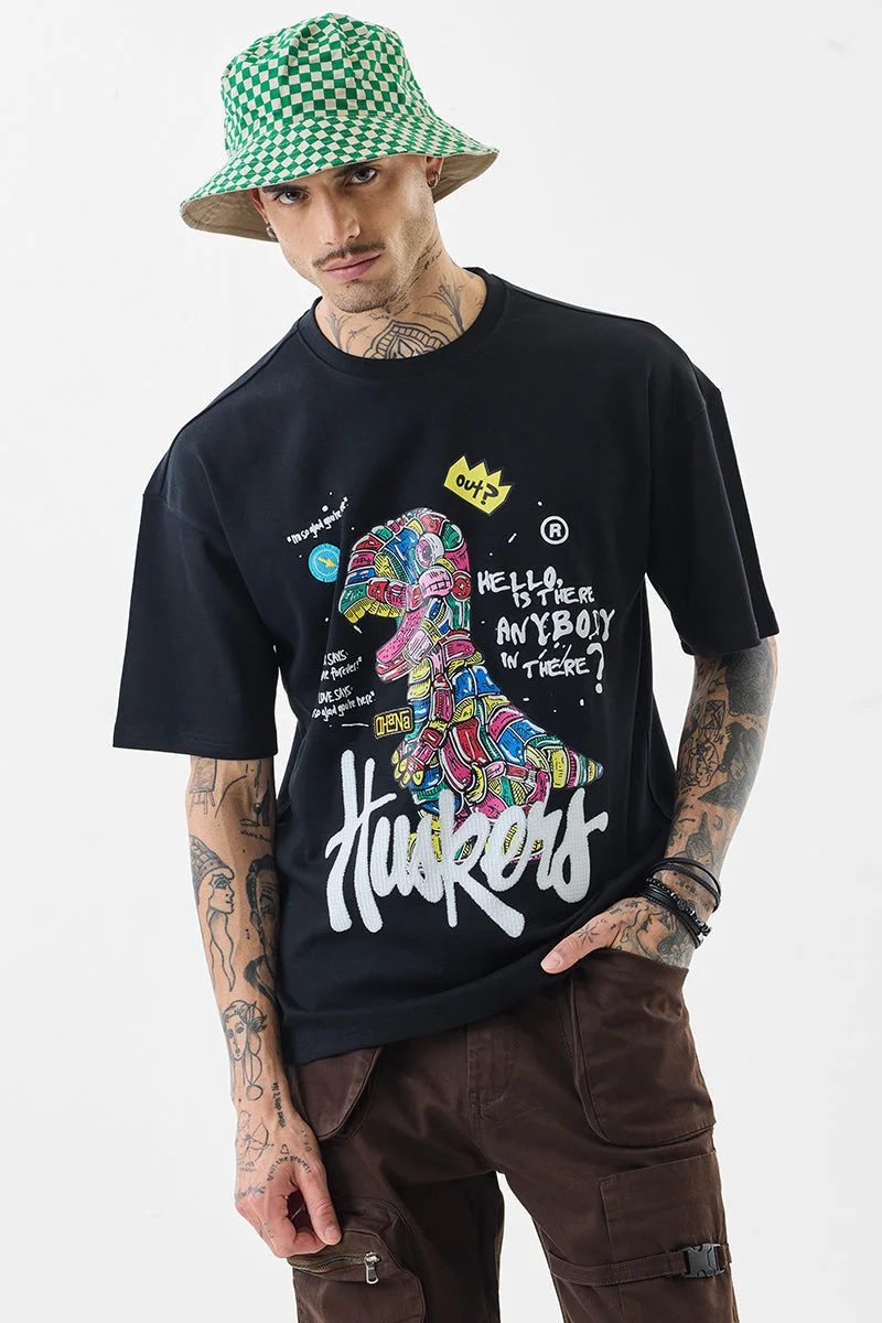 SNITCH تيشيرت هاسكرز أسود بقصة واسعة