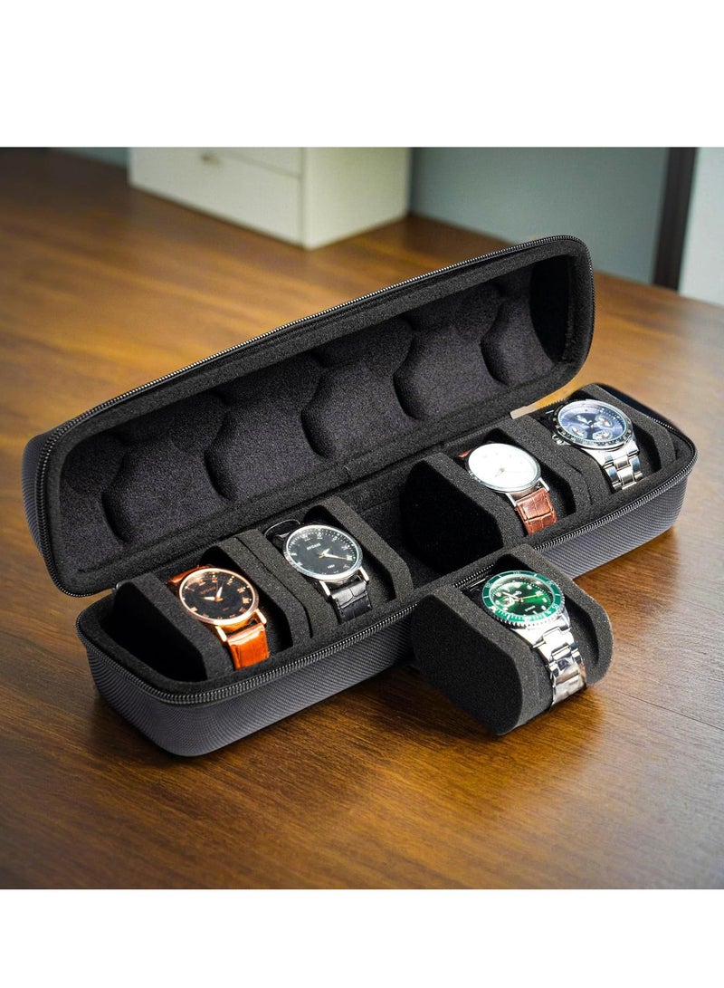 MJZ 5 Slot Watch Storage Box with Sponge Cushion for 5 Watches, Portable Zippered Travel Watch Case Storage, Watch Storage Box Organizer, Hard Men's Women's Watch Holder with Carry Handle (Black)  - Image 4