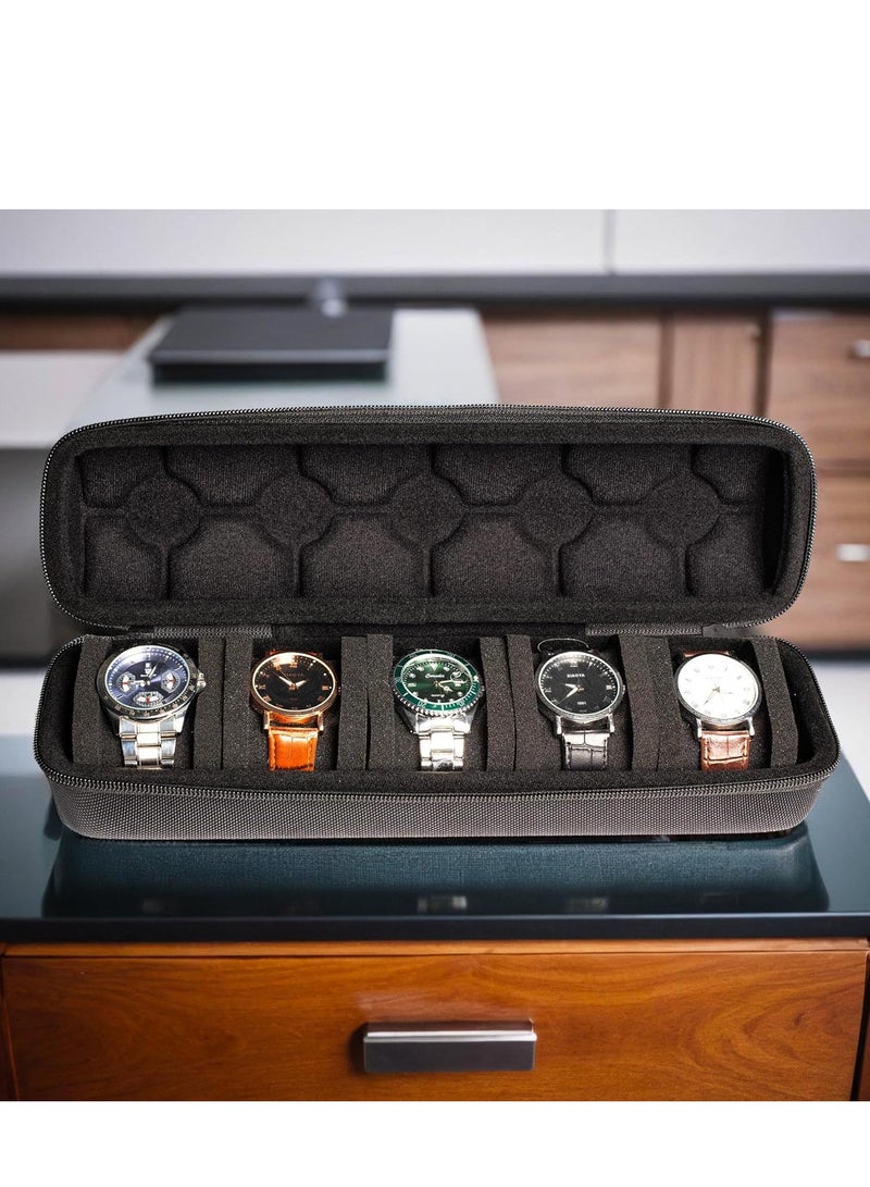 MJZ 5 Slot Watch Storage Box with Sponge Cushion for 5 Watches, Portable Zippered Travel Watch Case Storage, Watch Storage Box Organizer, Hard Men's Women's Watch Holder with Carry Handle (Black)  - Image 5