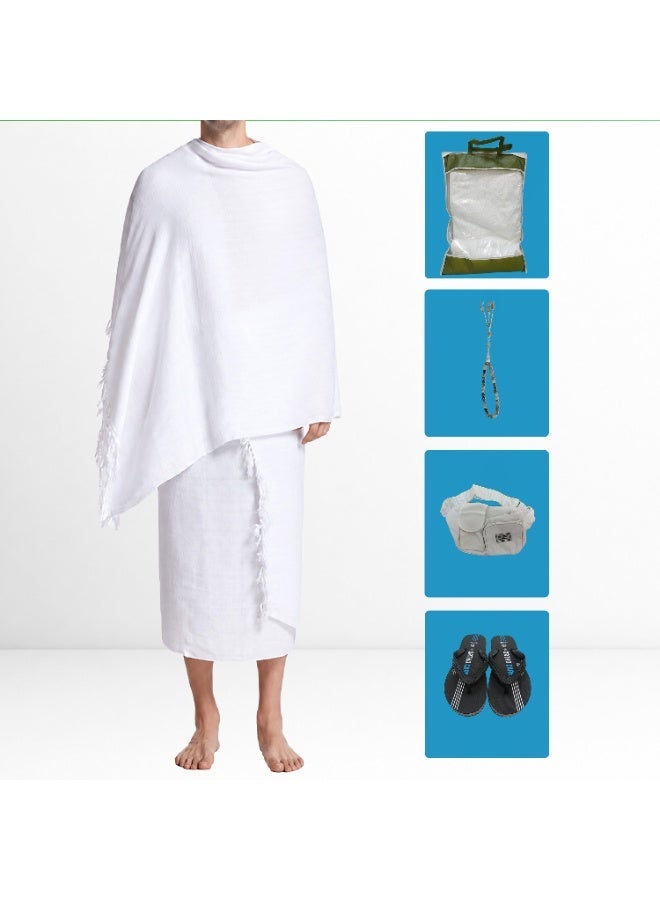 طقم إحرام رجالي متنوع للحج (إحرام + حزام + نعال + مسبحة) - Image 1