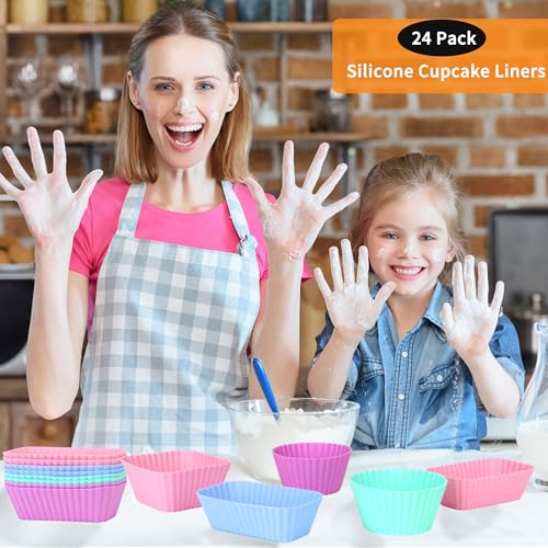 Dulinkas 24 pcs Silicone Cupcake Baking Cups Dulinkas Reusable Cupcake Liners Non-Stick Baking Muffin Liners Mold Pastry Cake Molds 3 Shapes Multicolor for Lunch Box Dividers - Image 5