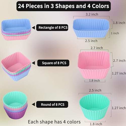 Dulinkas 24 pcs Silicone Cupcake Baking Cups Dulinkas Reusable Cupcake Liners Non-Stick Baking Muffin Liners Mold Pastry Cake Molds 3 Shapes Multicolor for Lunch Box Dividers - Image 3