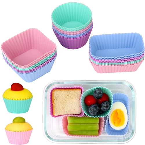 Dulinkas 24 pcs Silicone Cupcake Baking Cups Dulinkas Reusable Cupcake Liners Non-Stick Baking Muffin Liners Mold Pastry Cake Molds 3 Shapes Multicolor for Lunch Box Dividers - Image 1