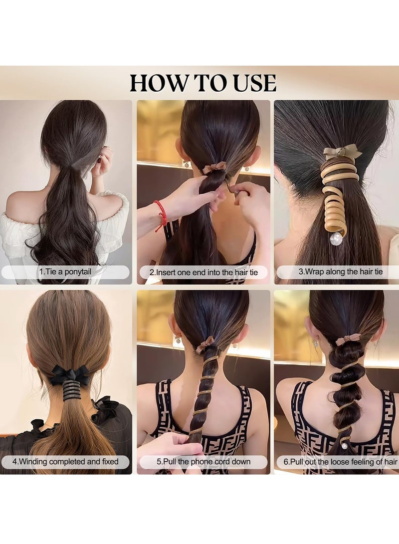 Bowknot Braided Telephone Wire Hair Bands, Colorful Telephone Wire Hair Bands for Kids, Waterproof High Elastic Rubber, Ponytail Holder Accessories for Women & Girl - 5 Pack