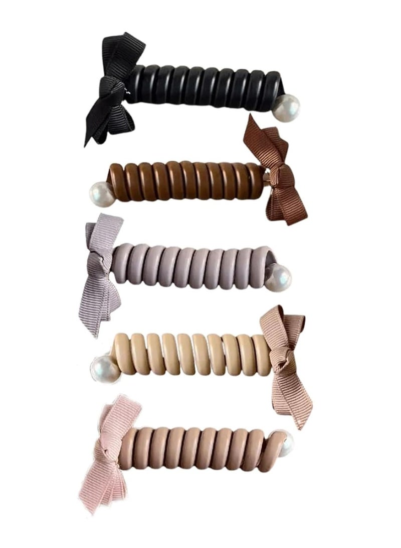 Bowknot Braided Telephone Wire Hair Bands, Colorful Telephone Wire Hair Bands for Kids, Waterproof High Elastic Rubber, Ponytail Holder Accessories for Women & Girl - 5 Pack