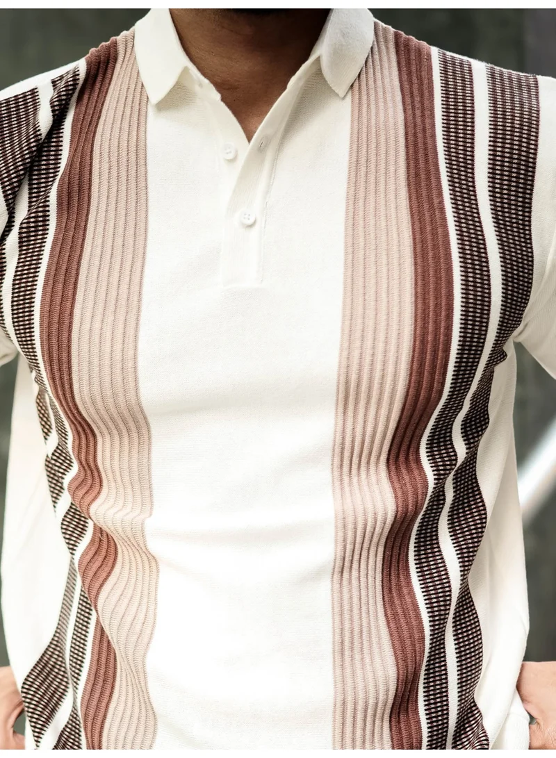 Maniac Maniac Mens Vertical line Stripe Textured Polo Neck Half Sleeve Half White Cotton T-Shirt