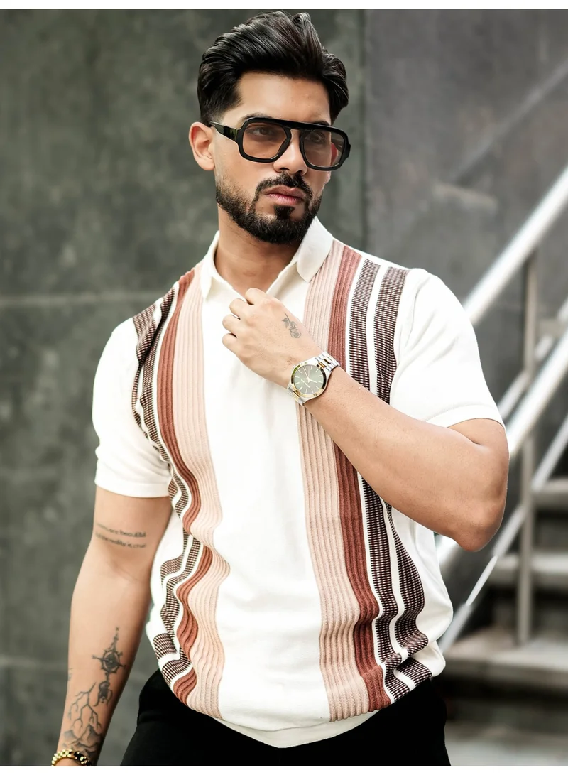 Maniac Maniac Mens Vertical line Stripe Textured Polo Neck Half Sleeve Half White Cotton T-Shirt