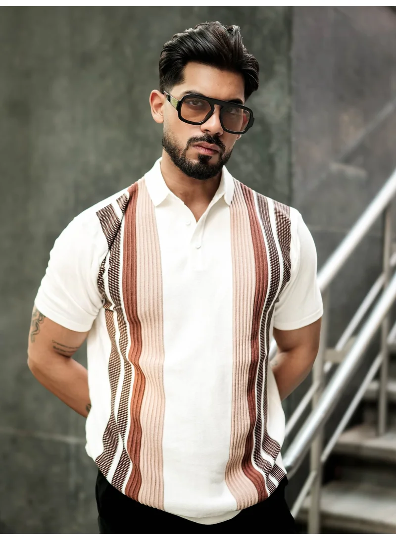 Maniac Maniac Mens Vertical line Stripe Textured Polo Neck Half Sleeve Half White Cotton T-Shirt