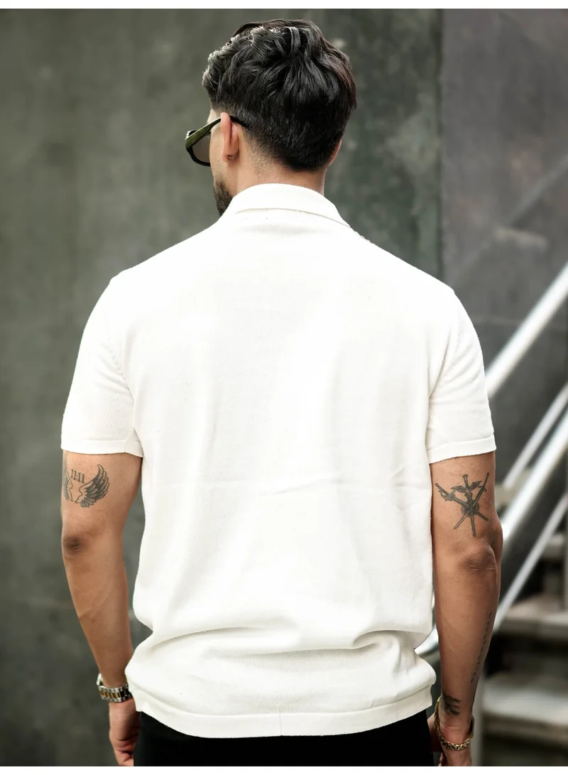 Maniac Maniac Mens Vertical line Stripe Textured Polo Neck Half Sleeve Half White Cotton T-Shirt