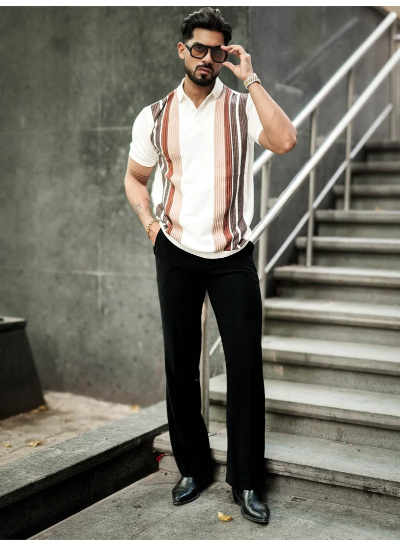 Maniac Maniac Mens Vertical line Stripe Textured Polo Neck Half Sleeve Half White Cotton T-Shirt