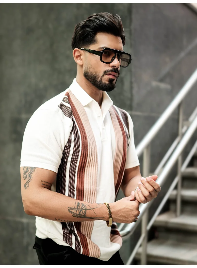 Maniac Maniac Mens Vertical line Stripe Textured Polo Neck Half Sleeve Half White Cotton T-Shirt