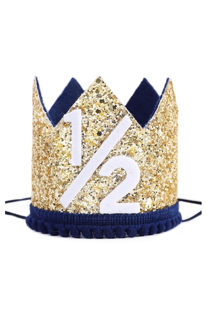 Blue Half Birthday Party Crown - 1/2 Golden Birthday Party Hat, Happy Birthday Crown for Kids, Party Photo Prop, Party Decorations - Image 1