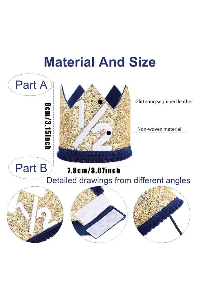 Blue Half Birthday Party Crown - 1/2 Golden Birthday Party Hat, Happy Birthday Crown for Kids, Party Photo Prop, Party Decorations - Image 2