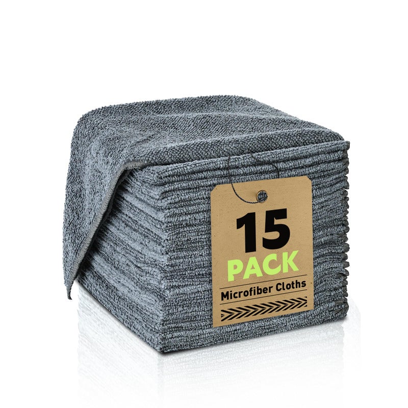 TEAWOO Microfiber Cleaning Cloths Bulk-15 Pack, Gray Microfiber Towels for Cars, Ultra Absorbent Microfiber Towel Weave Grime & Liquid for Streak-Free Mirror Shine - Car Washing Cloth, 12x12 inches - Image 1