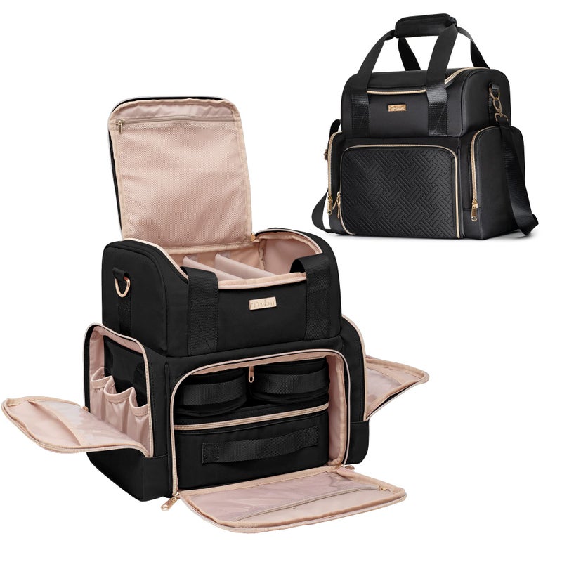 Prokva Large Cosmetic Bag with 3 Removable Case, Double Layer Travel Organizer with Inner Dividers and Makeup Brushes Storage Section, Black (Patented Design) - Image 1