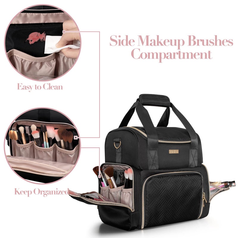 Prokva Large Cosmetic Bag with 3 Removable Case, Double Layer Travel Organizer with Inner Dividers and Makeup Brushes Storage Section, Black (Patented Design) - Image 4